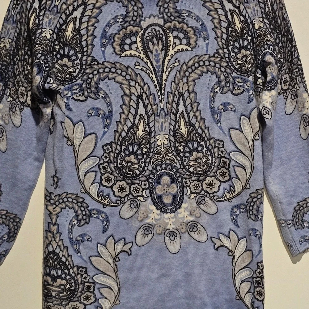 Talbots Pure Cashmere Paisley Print‎ 3/4 Sleeve Sweater XS Blue Gray